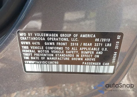 2013 Volkswagen Passat 2.5L Se from USA, damaged, VIN 1VWBP7A31DC136760